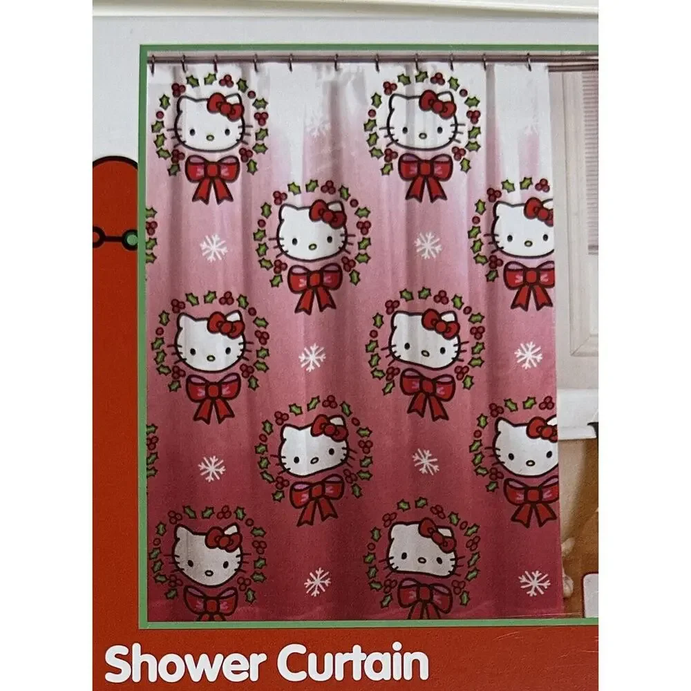New Hello Kitty Holly Berry Christmas Wreath Shower Curtain 70X72, Curtain Hooks